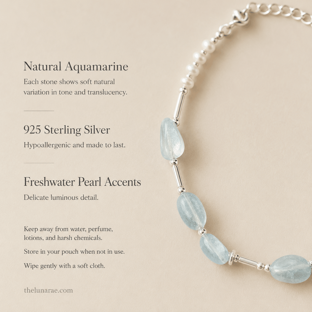 Aquamarine and Pearl Bracelet material and care guide highlighting natural aquamarine, 925 sterling silver, freshwater pearl accents, and care instructions