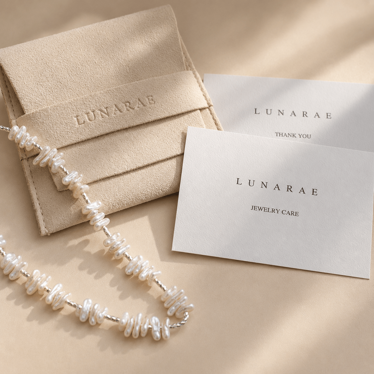 Baroque Pearl Necklace displayed beside a LUNARAE pouch, thank you card, and jewelry care card in soft natural light