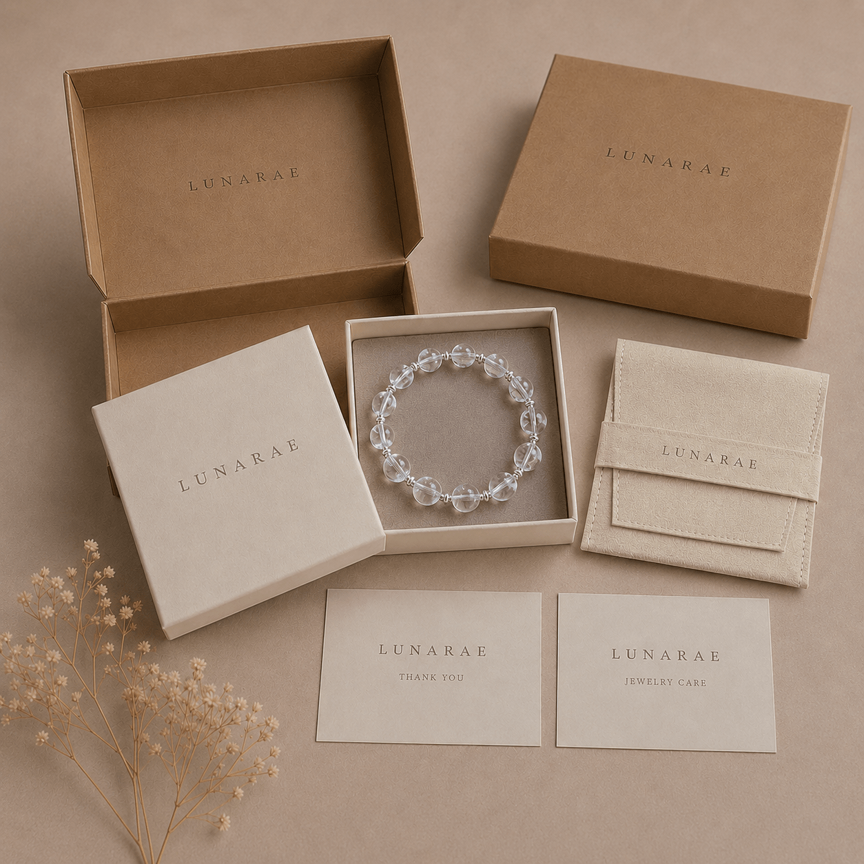 LUNARAE jewelry packaging with clear quartz bracelet