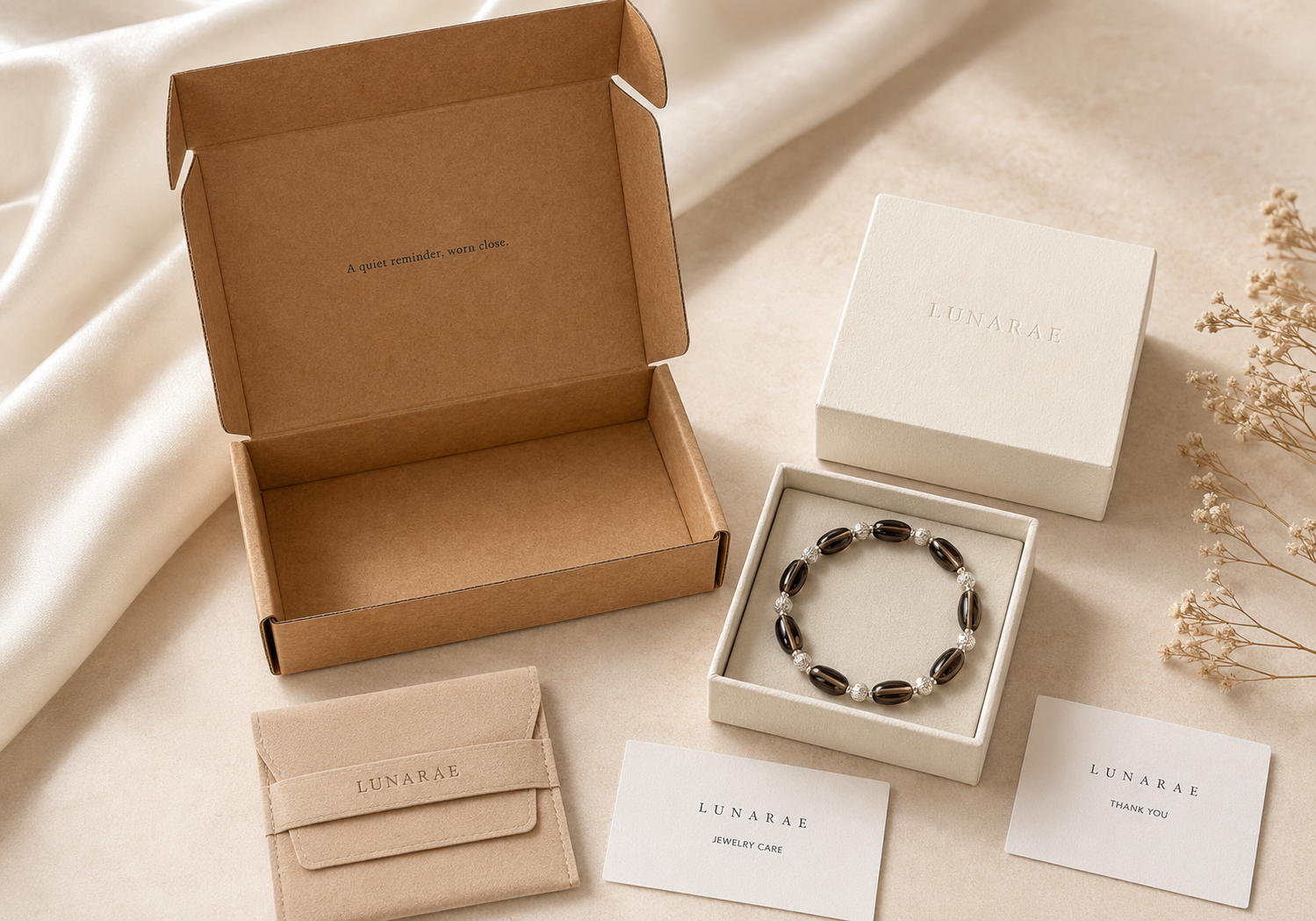 LUNARAE gift-ready jewelry packaging with a kraft mailer, ivory jewelry box, soft pouch, care cards, and smoky quartz bracelet.