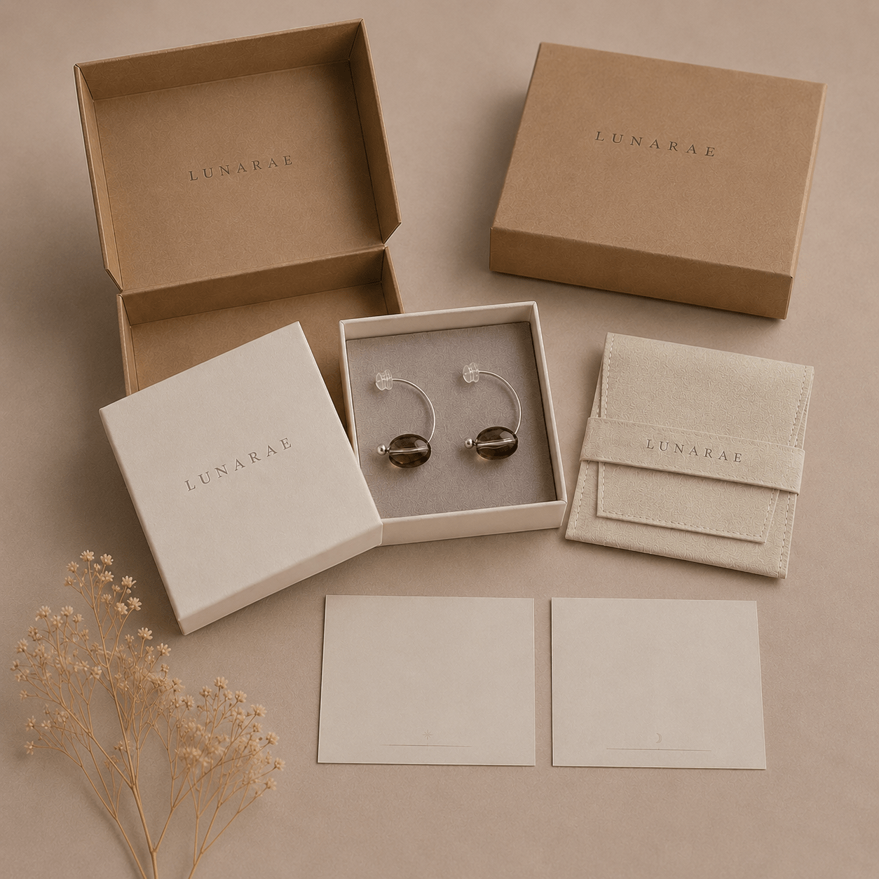 LUNARAE jewelry packaging with smoky quartz earrings
