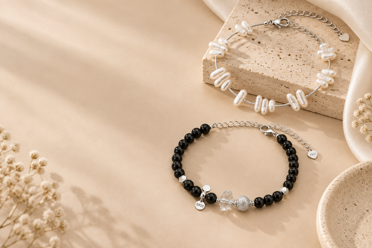 925 sterling silver jewelry with black onyx, clear quartz, and baroque pearl details