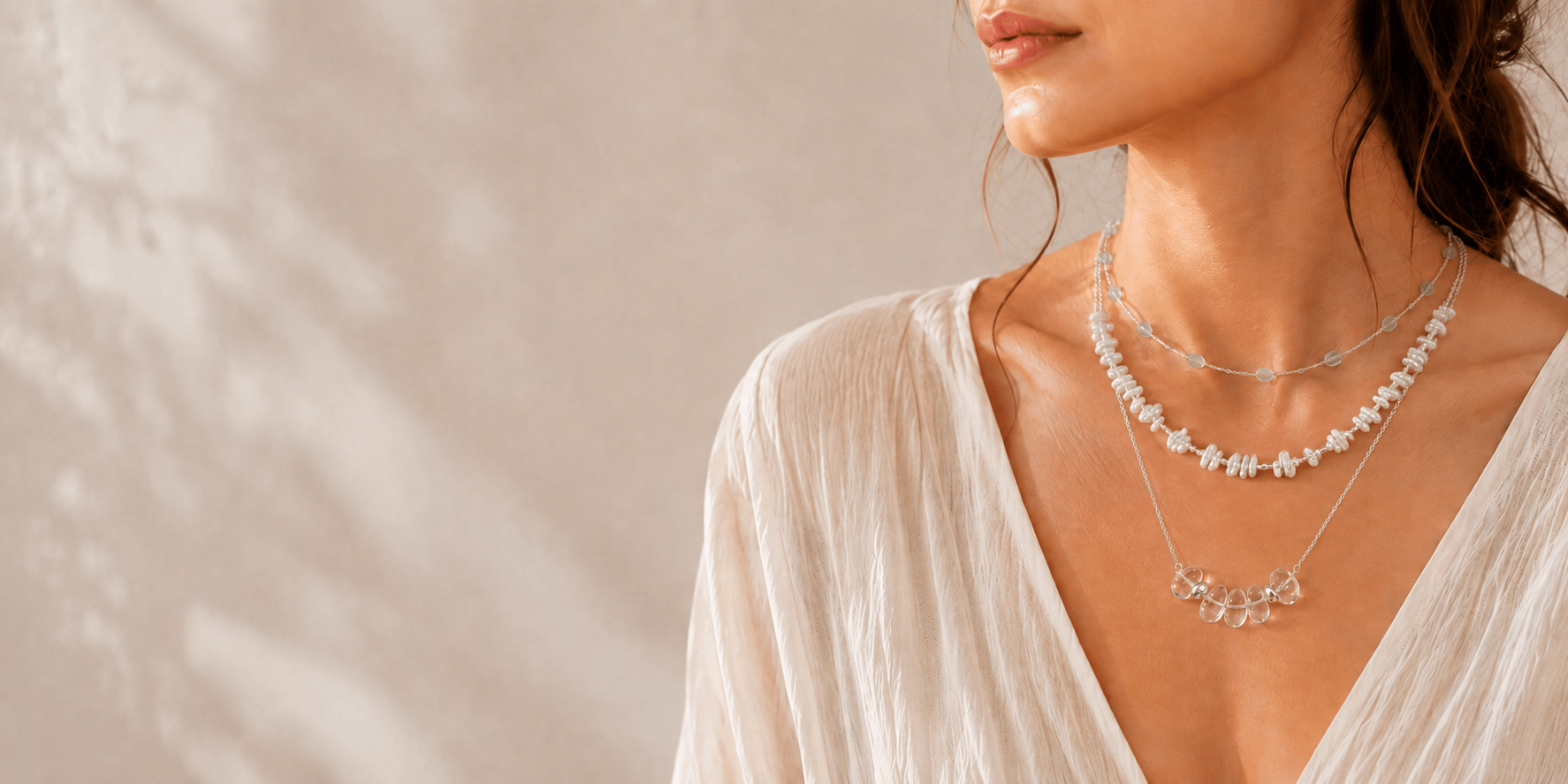 Natural stone necklaces shown at different collarbone lengths for the LUNARAE necklace length and styling guide.