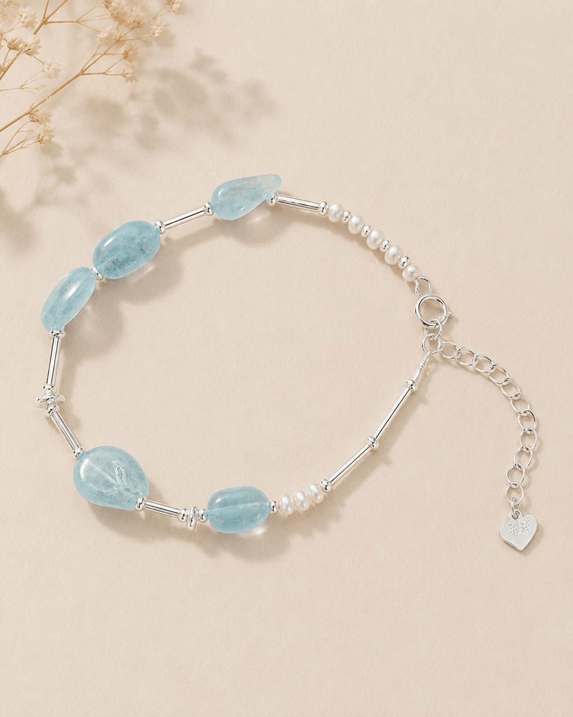 Aquamarine and Pearl Silver Bracelet by LUNARAE