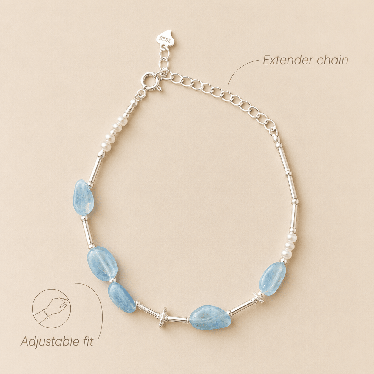 Aquamarine and Pearl Bracelet size and fit guide highlighting the adjustable extender chain