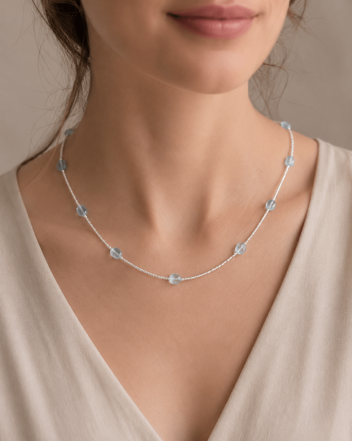 Model wearing Aquamarine Silver Tube Necklace by LUNARAE