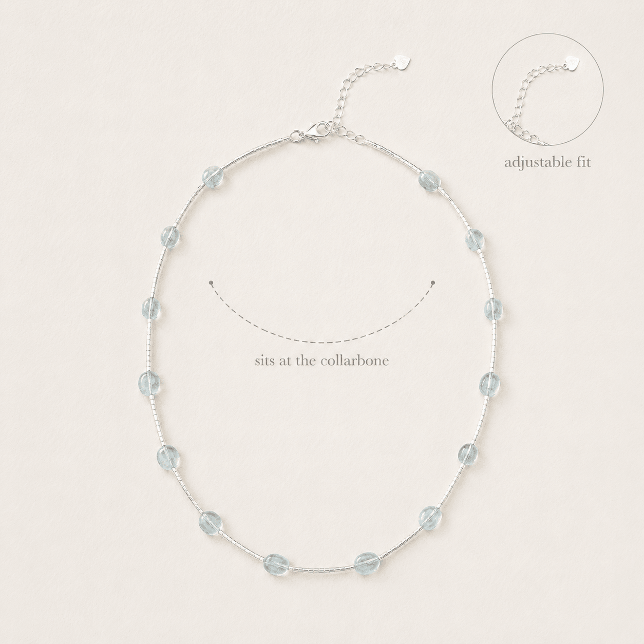 Aquamarine Tube Necklace size and fit guide showing its collarbone placement and adjustable extender chain