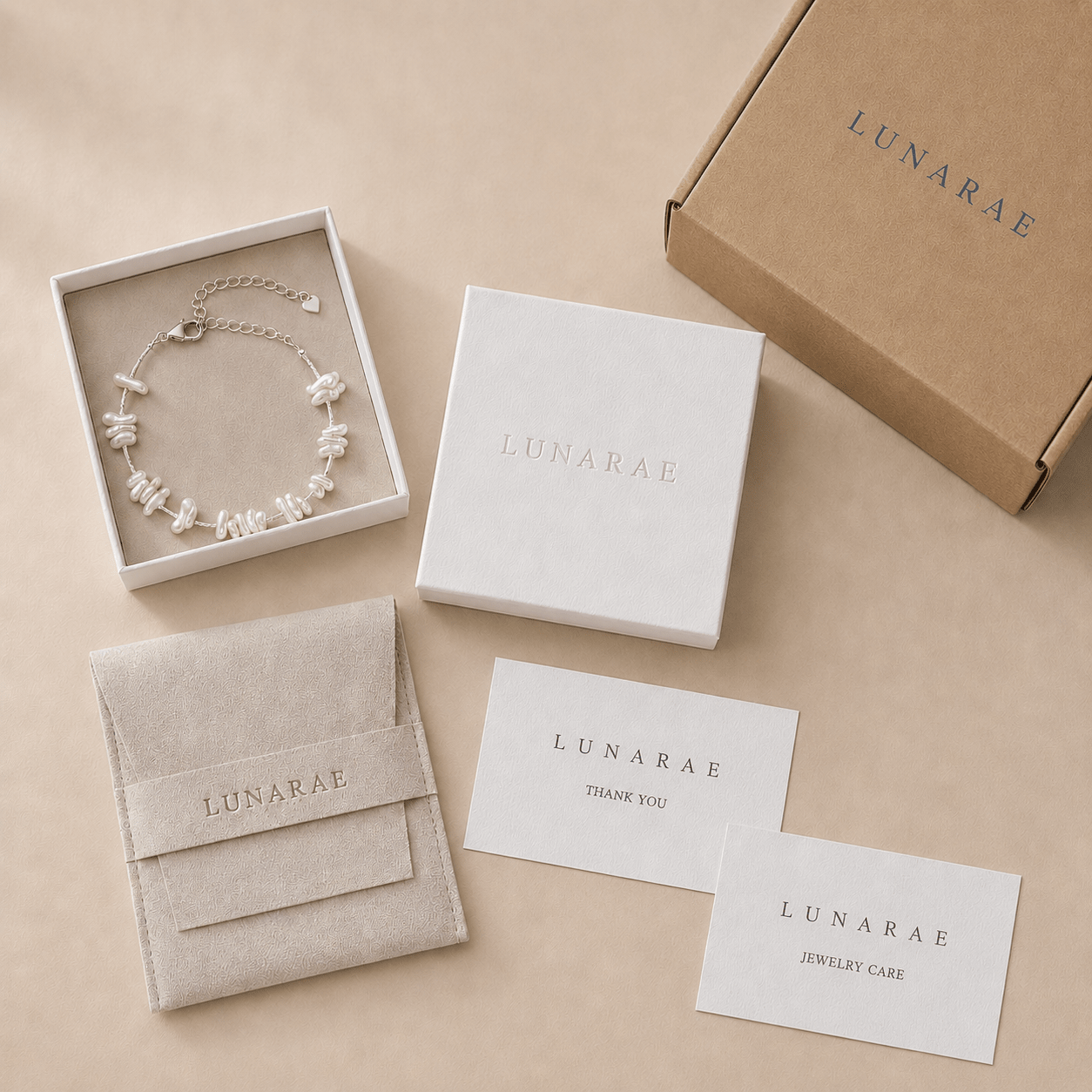 Baroque Pearl Bracelet presented with LUNARAE packaging including the jewelry box, pouch, thank you card, jewelry care card, and outer mailer box