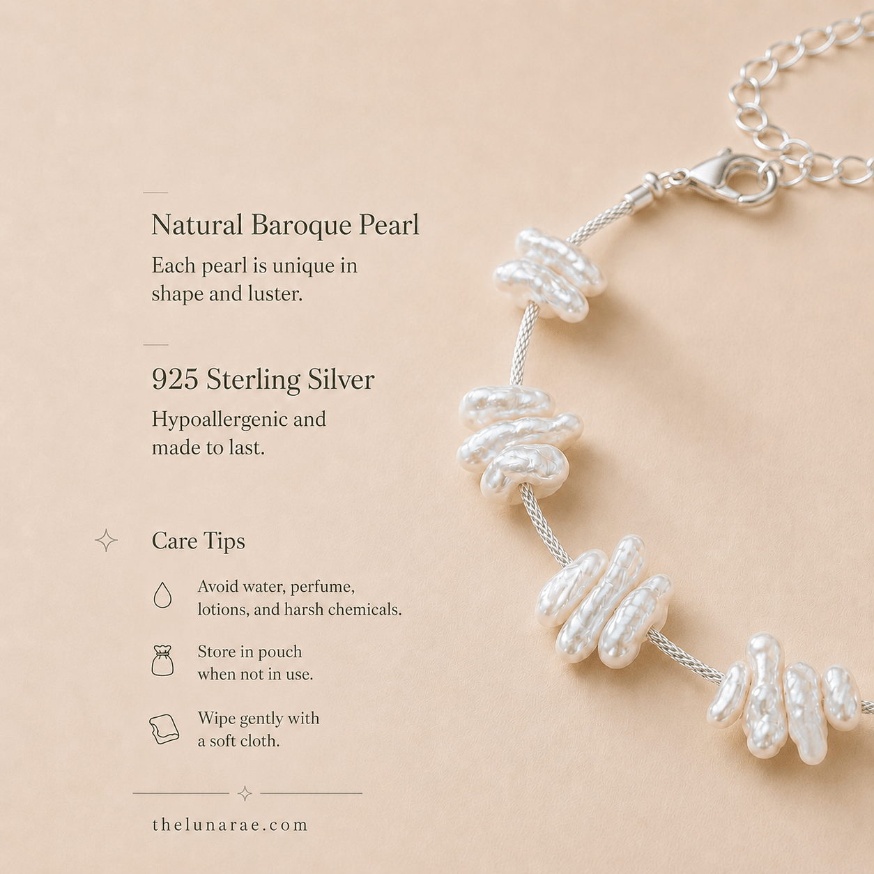 Baroque Pearl Bracelet material and care guide highlighting natural baroque pearl, 925 sterling silver, and care instructions