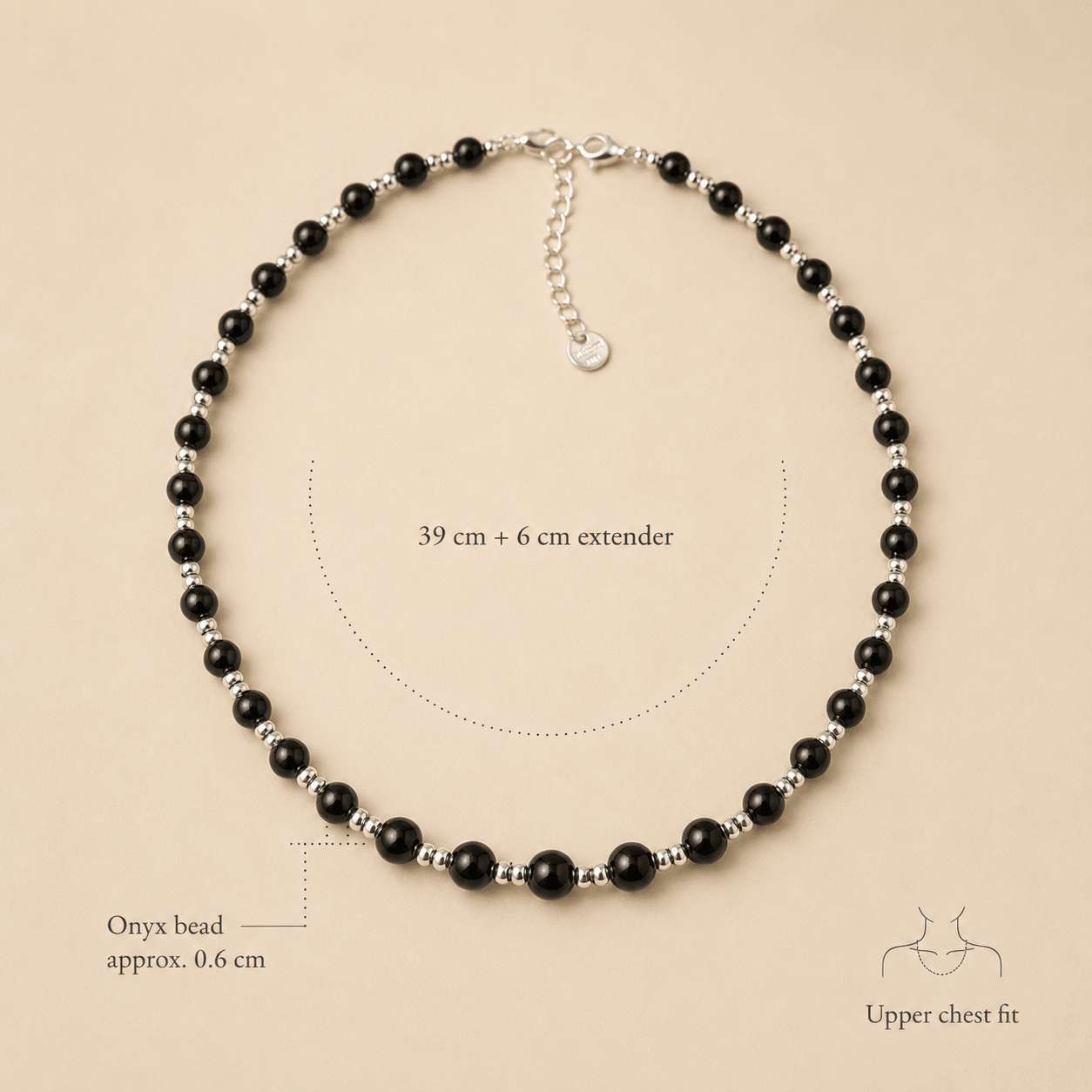 Black Onyx Bead Necklace size and fit guide showing a 39 cm chain, 6 cm extender, approximately 0.6 cm onyx beads, and an upper chest fit