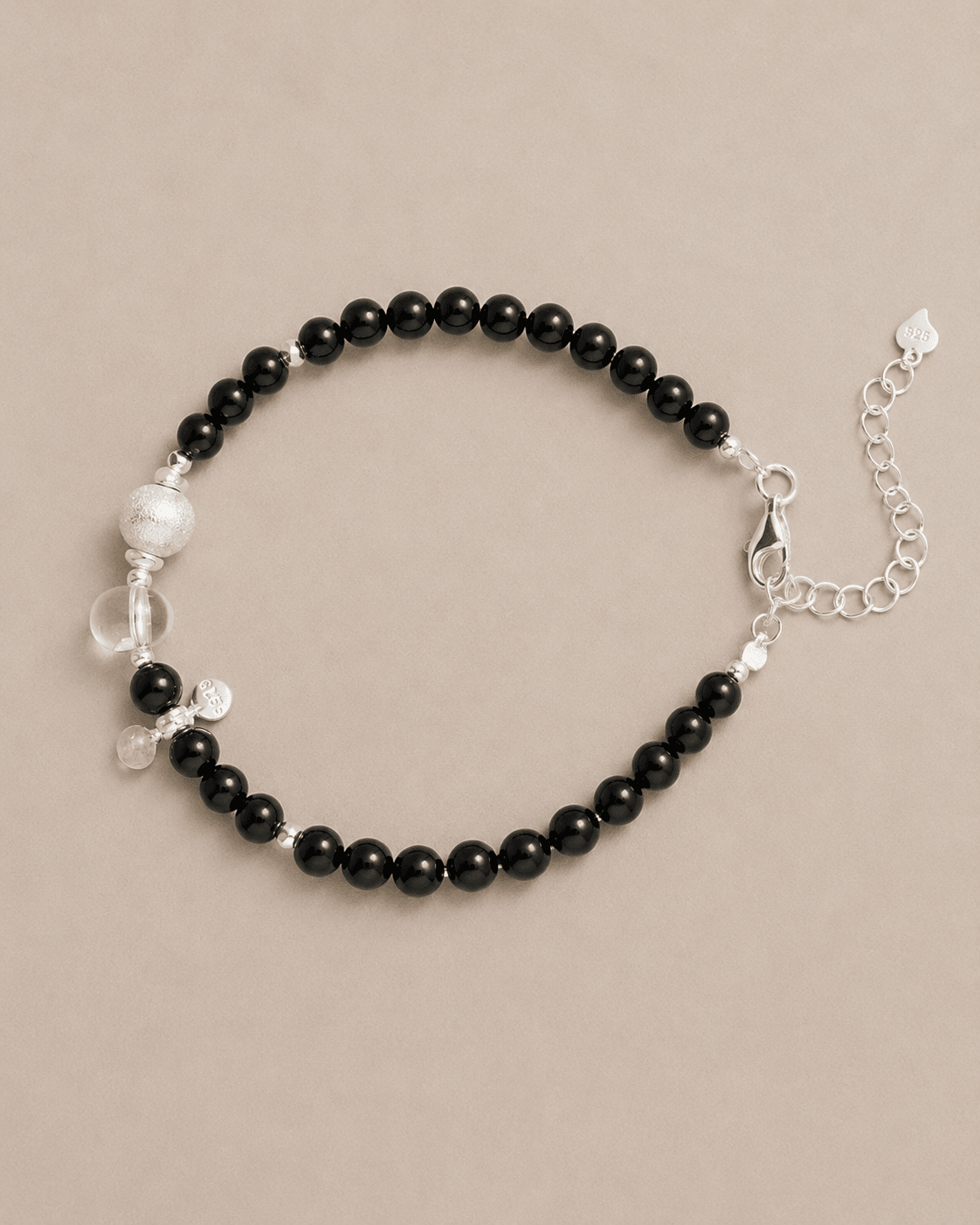 Black Onyx and Clear Quartz Silver Bracelet by LUNARAE
