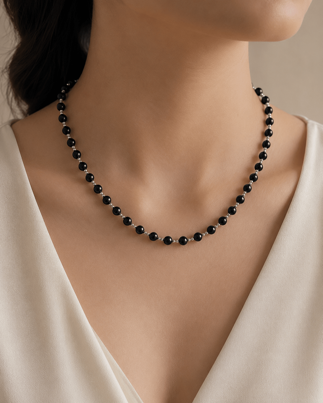 Model wearing Black Onyx Silver Bead Necklace by LUNARAE