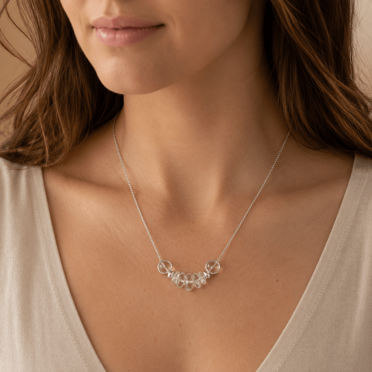Model wearing Clear Quartz Silver Pendant Necklace by LUNARAE