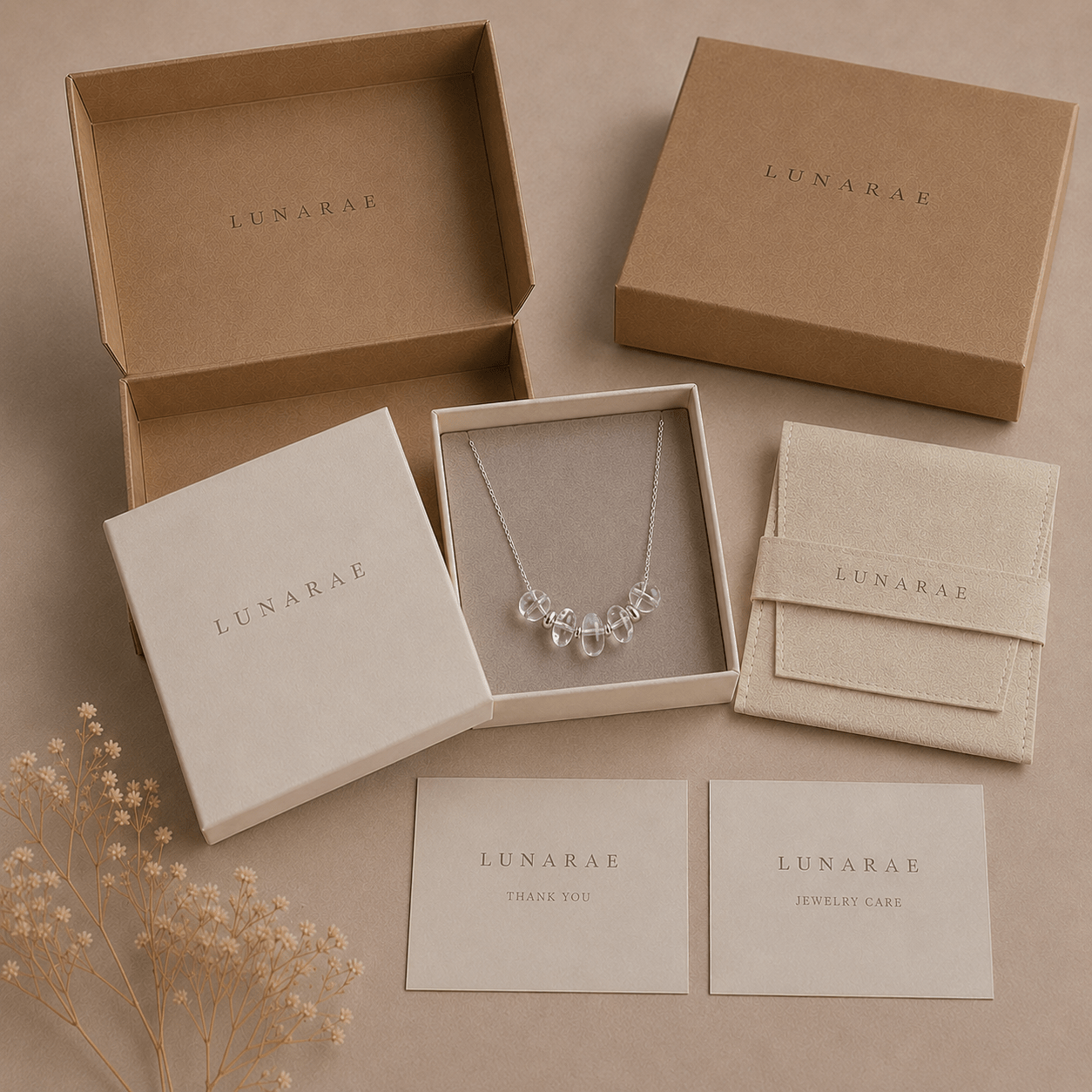 LUNARAE jewelry packaging with clear quartz bracelet