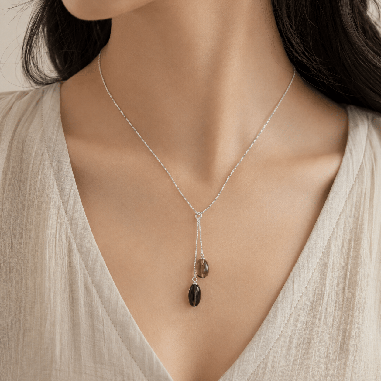 Model wearing Smoky Quartz Adjustable Silver Necklace by LUNARAE