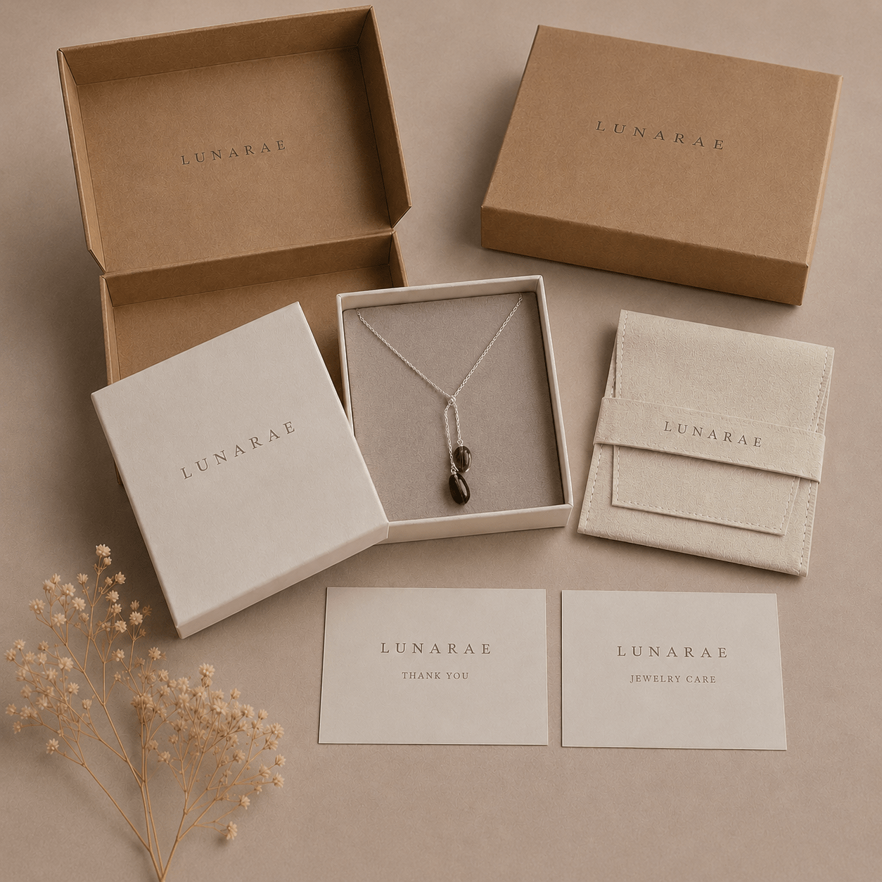 LUNARAE jewelry packaging with smoky quartz necklace