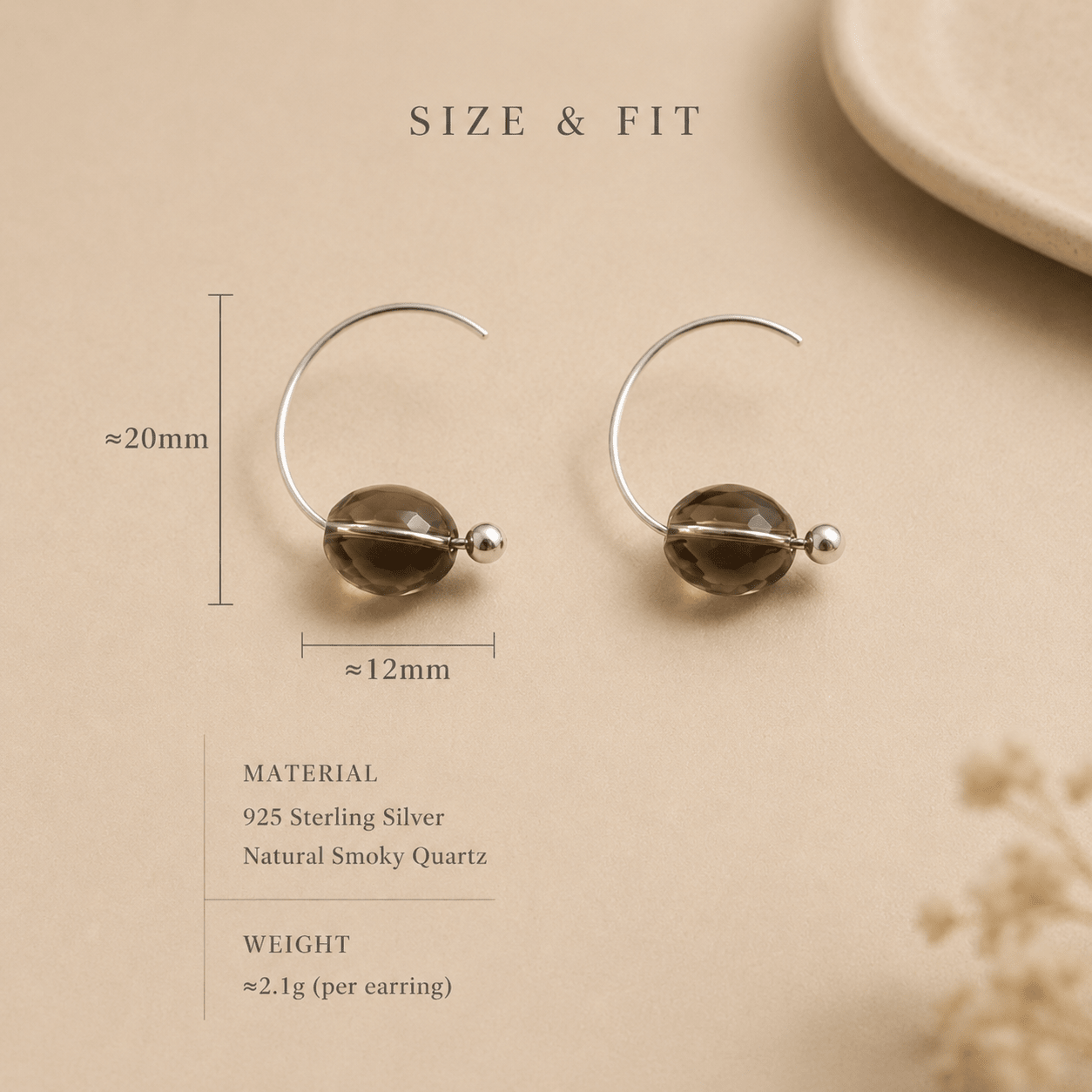 Size and fit guide for Smoky Quartz Hoop Earrings showing an approximate 20 mm height, 12 mm stone width, sterling silver material, and 2.1 g weight per earring