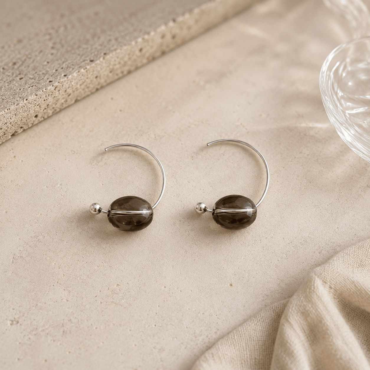 Smoky Quartz Silver Hoop Earrings by LUNARAE