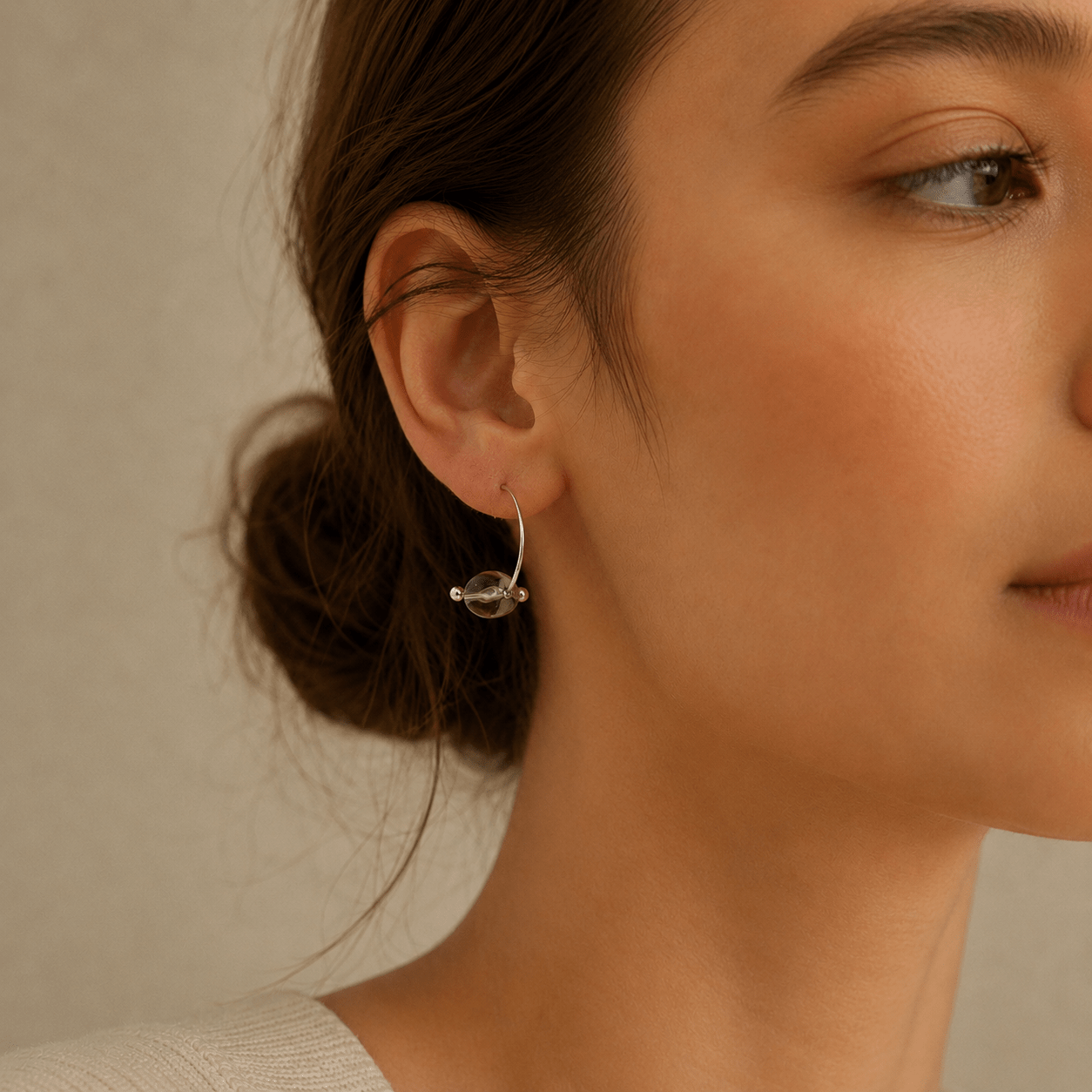 Model wearing Smoky Quartz Silver Hoop Earrings by LUNARAE
