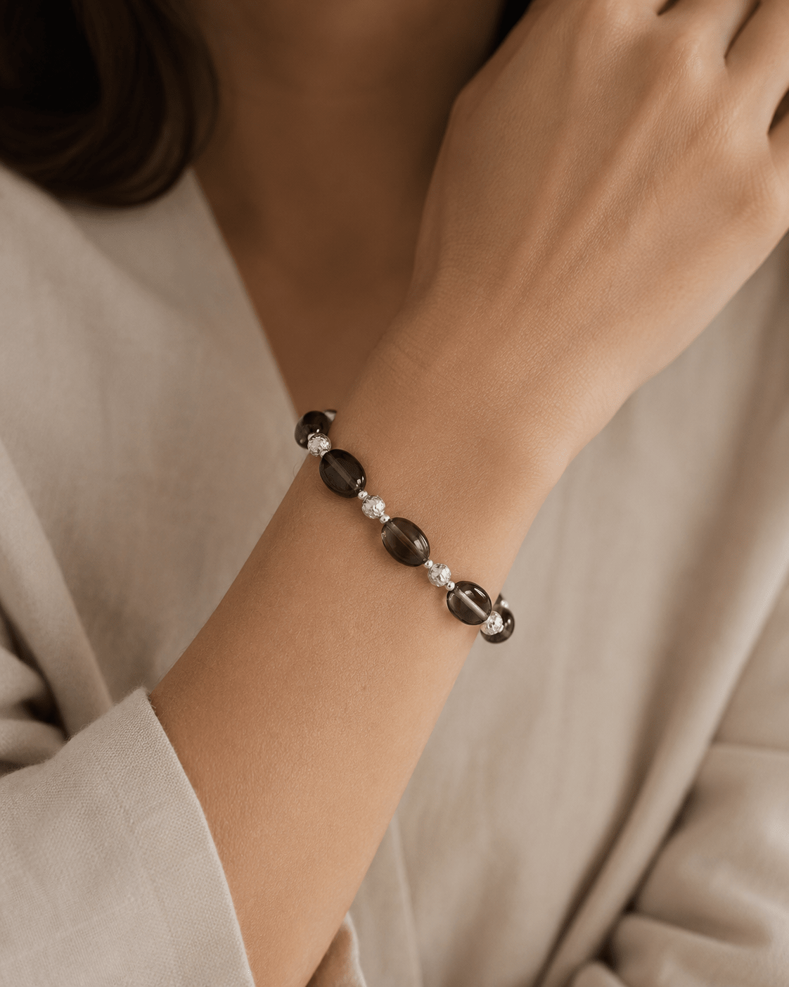 Model wearing Smoky Quartz Stretch Silver Bracelet by LUNARAE